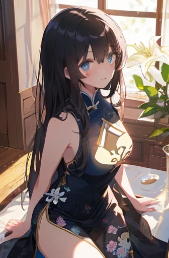 1 lady only, (Go slowly), (Dark blue cheongsam) fashionable, adult, /(black hair/) Bangs, blushing smile, (Masterpiece best quality:1.2) Exquisite illustrations and super detailed, large breasts rest (holding a fan) rest (High-end restaurant corridor) indoors, /(large water tank/), Detailed background
