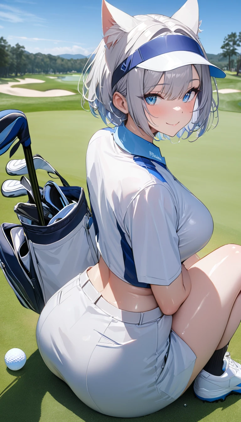 1girl、(((best quality)), ((masterpiece)), (details), masterpiece, best quality, high quality, ulutra detailed, perfect face, ((1girl, Blue eyes, cat ears: 1.3 silver bob hair: 2.5,))、Shiny Hair、Glowing Skin、Happy face、Lustful look、Body lines、blue sky、Golf course、Caddy Back、Holding a golf club、Sun visor、Golf Wear、Golf Wearスカート、socks、Golf shoes