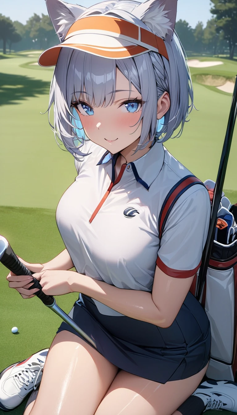 1girl、(((best quality)), ((masterpiece)), (details), masterpiece, best quality, high quality, ulutra detailed, perfect face, ((1girl, Blue eyes, cat ears: 1.3 silver bob hair: 2.5,))、Shiny Hair、Glowing Skin、Happy face、Lustful look、Body lines、blue sky、Golf course、Caddy Back、Holding a golf club、Sun visor、Golf Wear、Golf Wearスカート、socks、Golf shoes