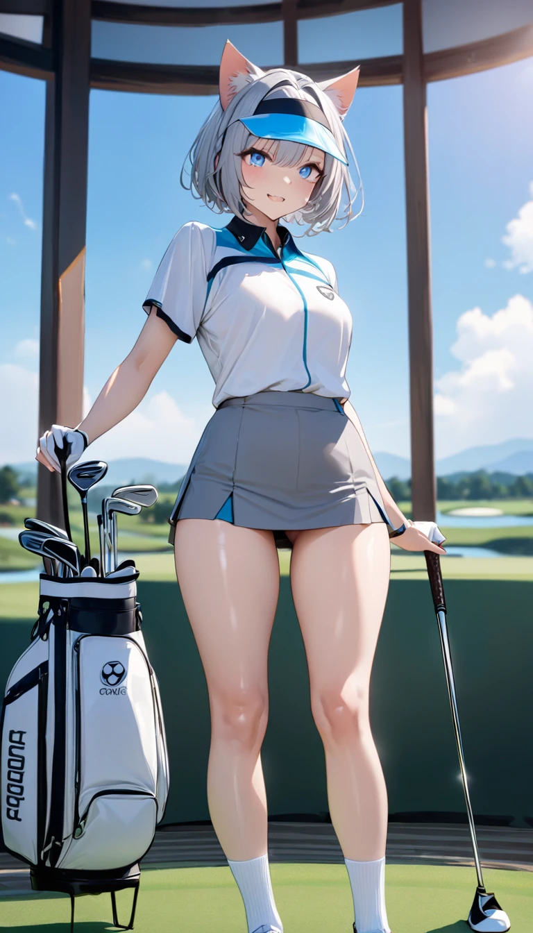 1girl、(((best quality)), ((masterpiece)), (details), masterpiece, best quality, high quality, ulutra detailed, perfect face, ((1girl, Blue eyes, cat ears: 1.3 silver bob hair: 2.5,))、Shiny Hair、Glowing Skin、Happy face、Lustful look、Body lines、blue sky、Golf course、Caddy Back、Holding a golf club、Sun visor、Golf Wear、Golf Wearスカート、socks、Golf shoes