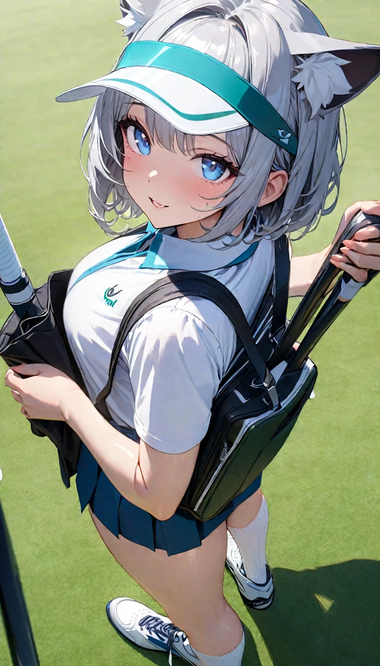1girl、(((best quality)), ((masterpiece)), (details), masterpiece, best quality, high quality, ulutra detailed, perfect face, ((1girl, Blue eyes, cat ears: 1.3 silver bob hair: 2.5,))、Shiny Hair、Glowing Skin、Happy face、Lustful look、Body lines、blue sky、Golf course、Caddy Back、Holding a golf club、Sun visor、Golf Wear、Golf Wearスカート、socks、Golf shoes