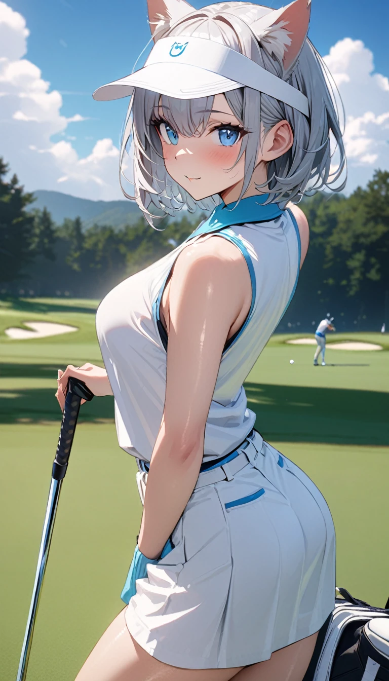1girl、(((best quality)), ((masterpiece)), (details), masterpiece, best quality, high quality, ulutra detailed, perfect face, ((1girl, Blue eyes, cat ears: 1.3 silver bob hair: 2.5,))、Shiny Hair、Glowing Skin、Happy face、Lustful look、Body lines、blue sky、Golf course、Caddy Back、Holding a golf club、Sun visor、Golf Wear、Golf Wearスカート、socks、Golf shoes