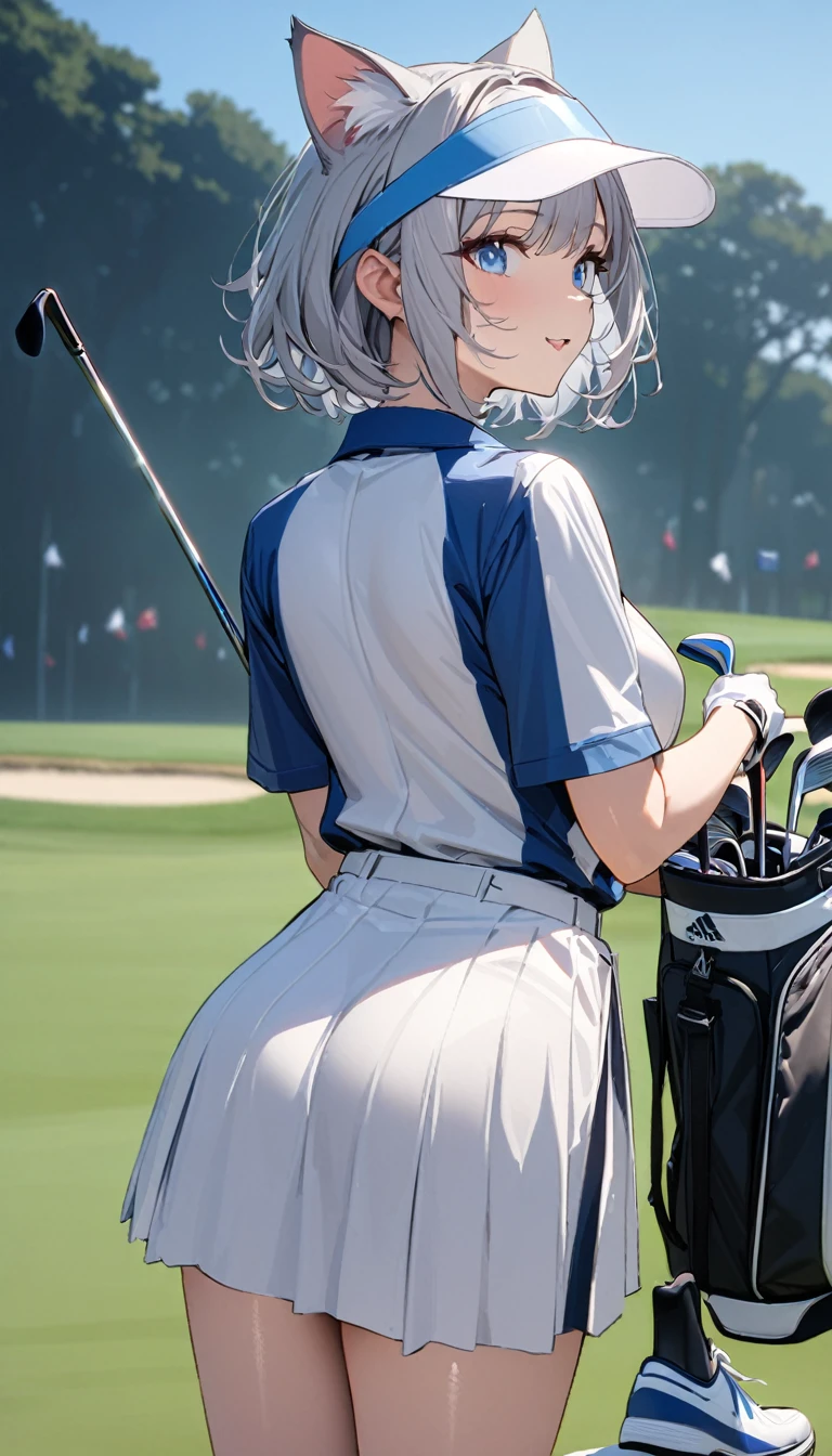 1girl、(((best quality)), ((masterpiece)), (details), masterpiece, best quality, high quality, ulutra detailed, perfect face, ((1girl, Blue eyes, cat ears: 1.3 silver bob hair: 2.5,))、Shiny Hair、Glowing Skin、Happy face、Lustful look、Body lines、blue sky、Golf course、Caddy Back、Holding a golf club、Sun visor、Golf Wear、Golf Wearスカート、socks、Golf shoes