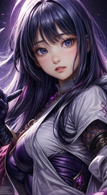 アニメ, photorrealistic, a sorceress, comely, sexly, mighty, character concept, fancy, RPG, purple color scheme, exclusive design by artgerm and gerald brom
