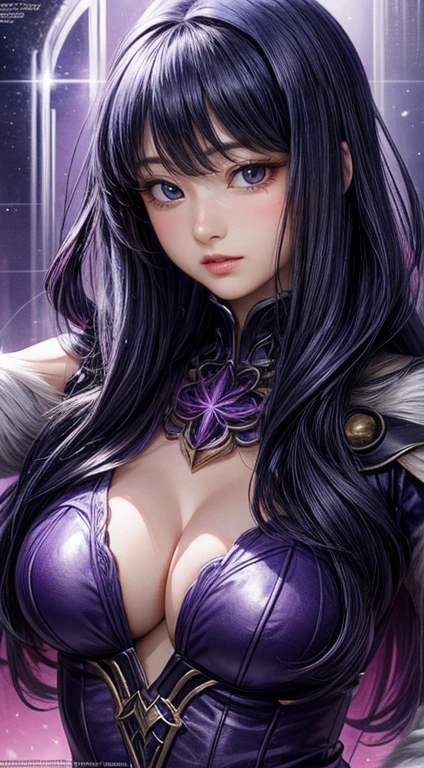 アニメ, photorrealistic, a sorceress, comely, ly, mighty, character concept, fancy, RPG, purple color scheme, exclusive design by artgerm and gerald brom