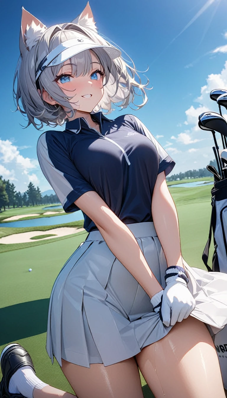 1girl、(((best quality)), ((masterpiece)), (details), masterpiece, best quality, high quality, ulutra detailed, perfect face, ((1girl, Blue eyes, cat ears: 1.3 silver bob hair: 2.5,))、Shiny Hair、Glowing Skin、Happy face、Lustful look、Body lines、blue sky、Golf course、Caddy Back、Holding a golf club、Sun visor、Golf Wear、Golf Wearスカート、socks、Golf shoes