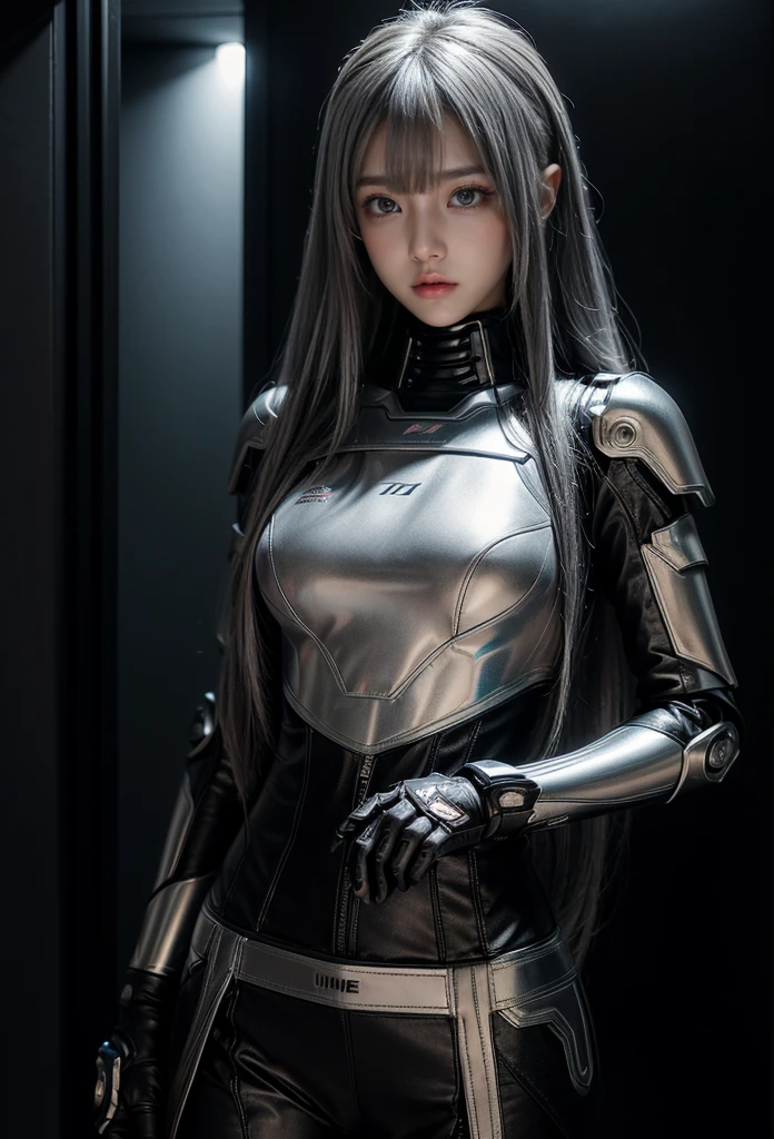 cyber angel,machine wing,{{Sci-Fi Armor}},cyber suit,cyberpunk,science fiction,cyber battle armor,Battledress,Military Uniforms,pants,black military uniform,whole body,Height: 168cm,almond shape eyes,{{{{{silver eyes}}}}},{{{{{dull bangs}}}}},(slanted eyes},{{whole body},{{{1 girl}}}, long hair, straight hair,{{{{silver hair}}}},{{{tsurime}}},30 years old,{Medium chest},{{bush}},silver eyes,{{{masterpiece}}}, {{{highest quality}}}, {{Super detailed}}, {shape}, {{very delicate and beautiful}},very detailed,detailed perfect,detailed hyper,Abundant thighs,big ass,black clothes
