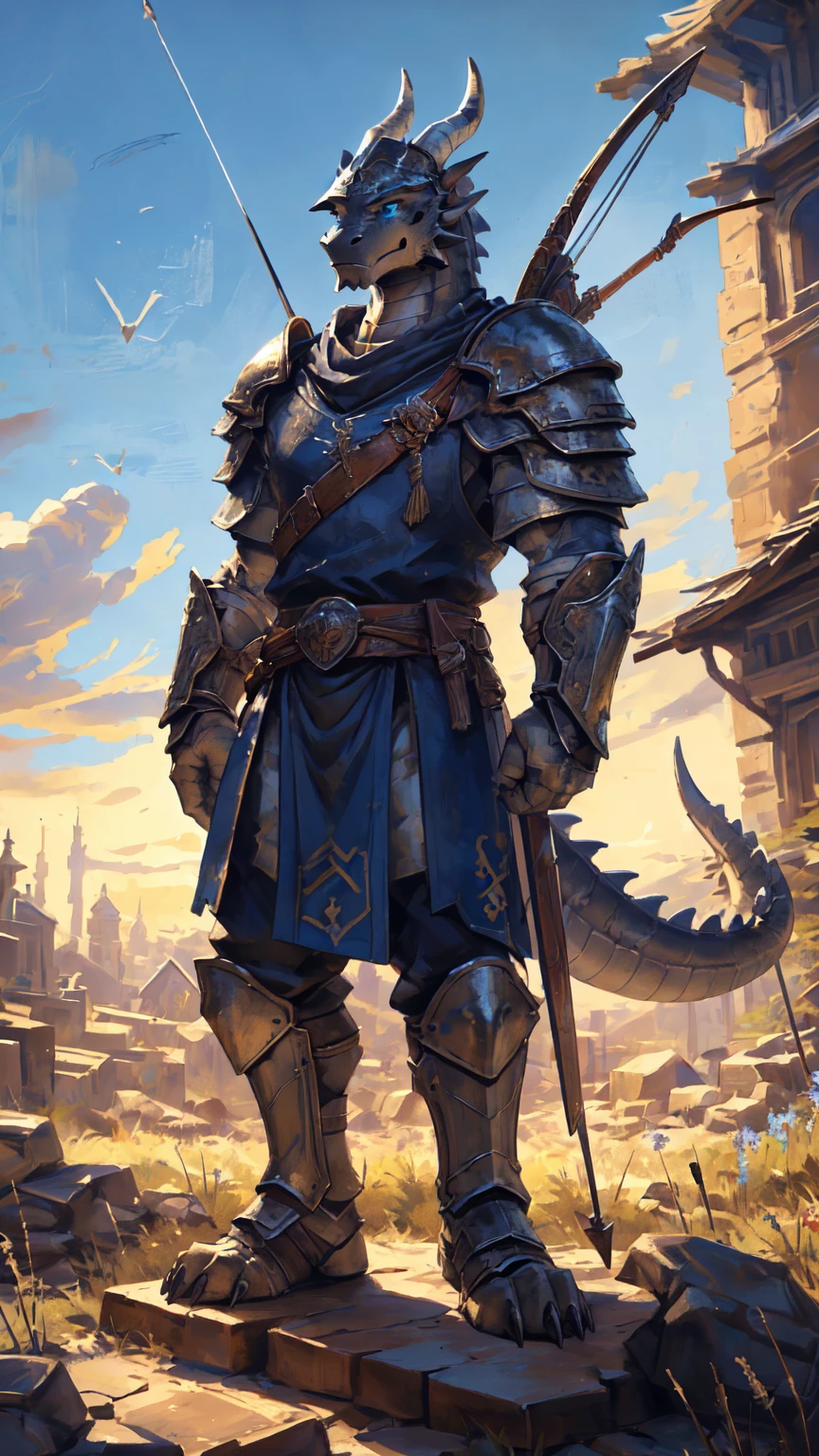 ((middle Ages:1.3,Range background:1.5)),Royal Family:1.2,((Crossbowmen:1.6,Crossbow in hand:1.5)),((sunny:1.4)),high resolution,4K,(((9:16 Whole body:1.1,Strike a pose:1.5))),masterpiece,high quality,((dragon)),male,dragonFurry,(ager:1.3),hairy,((Heroic and Calm:1.4)),(((Slender face:1.2,Lean:1.2,Long legs:1.3,Thick dragon tail:1.2))),(((Gray head:1.2,Blue pupils:1.2,neck:1.3,Gray Hands:1.4,muscle:1.3))),(((White Armor:1.3,There is a blue flag on the armor:1.4))),Exquisite eyes,Detailed body,Detailed hands,Detailed feet,Kenket's Art, silver scales