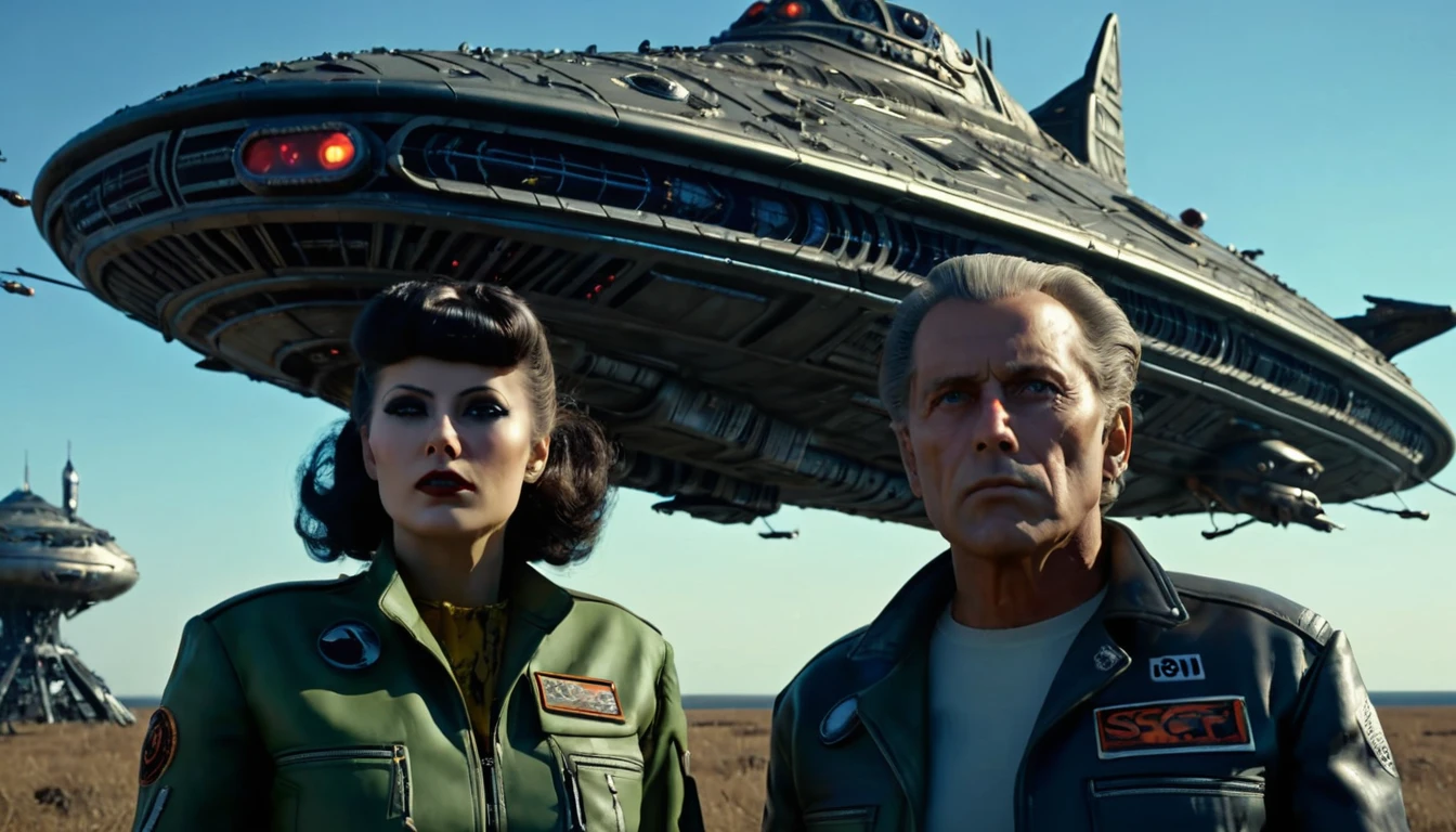 in (medium close-up:3.1) of various characters with a starship in the background from a film for slaves from beyond infinity, futuristic apocalypse, detailed, moody, epic, altered reality, insane, disgusting, disturbing, impactful, inspired by Clyde Caldwell and Ed Emshwiller, stalenhag, (with Creepy, Sci- Fi, Fantasy and Horror: 2.9) retro sci-fi, horror film, detailed body, Kodak Vision3, (intricate details: 2.4), ( hyperdetail: 3.1), (8k resolution: 3.1), (high detail: 4.1), lots of details, high quality, soft light (cinematic: 3.3), masterpiece, dramatic atmosphere, atmospheric perspective, (impactful art: 2.8), rich colors, 3D rendering