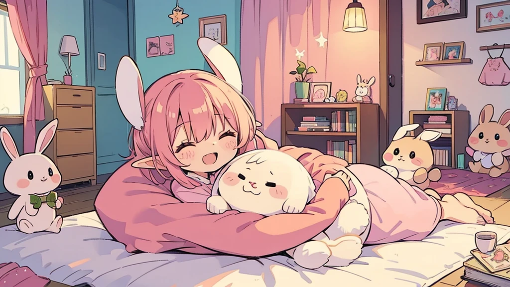 Rabbit Mimi、Chibi Elf Pink Room、Relaxing in a cute room、A big smile