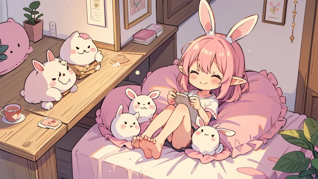 Rabbit Mimi、Chibi Elf Pink Room、Relaxing in a cute room、A big smile