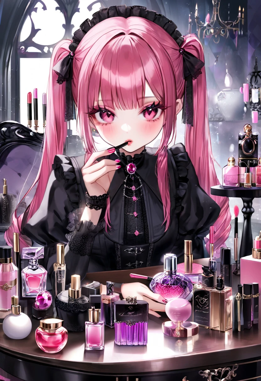 A beautiful girl with pink twin tails, pink eyes, 1 person, putting on makeup, holding lip gloss in hand, lots of cosmetics and perfume on the table, a beautiful girl in black gothic ta clothes putting on makeup, delicate and perfect hand structure