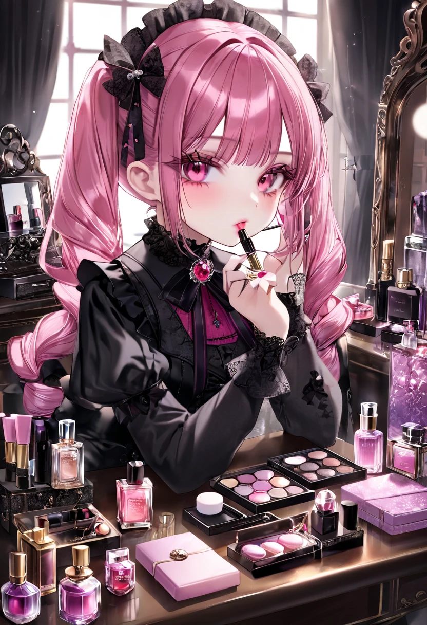 A beautiful girl with pink twin tails, pink eyes, 1 person, putting on makeup, holding lip gloss in hand, lots of cosmetics and perfume on the table, a beautiful girl in black gothic lolita clothes putting on makeup, putting on makeup
