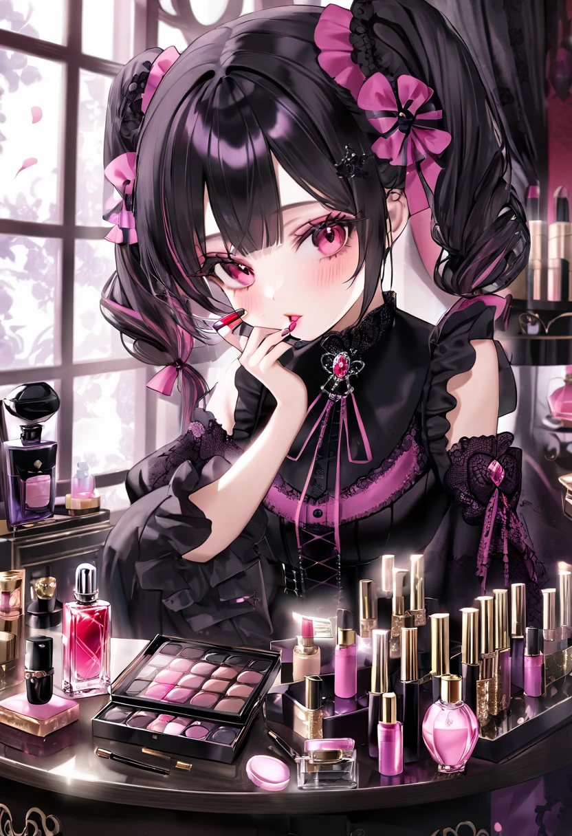 A beautiful girl with pink twin tails, pink eyes, 1 person, putting on makeup, holding lip gloss in hand, lots of cosmetics and perfume on the table, a beautiful girl in black gothic ta clothes putting on makeup, putting on makeup