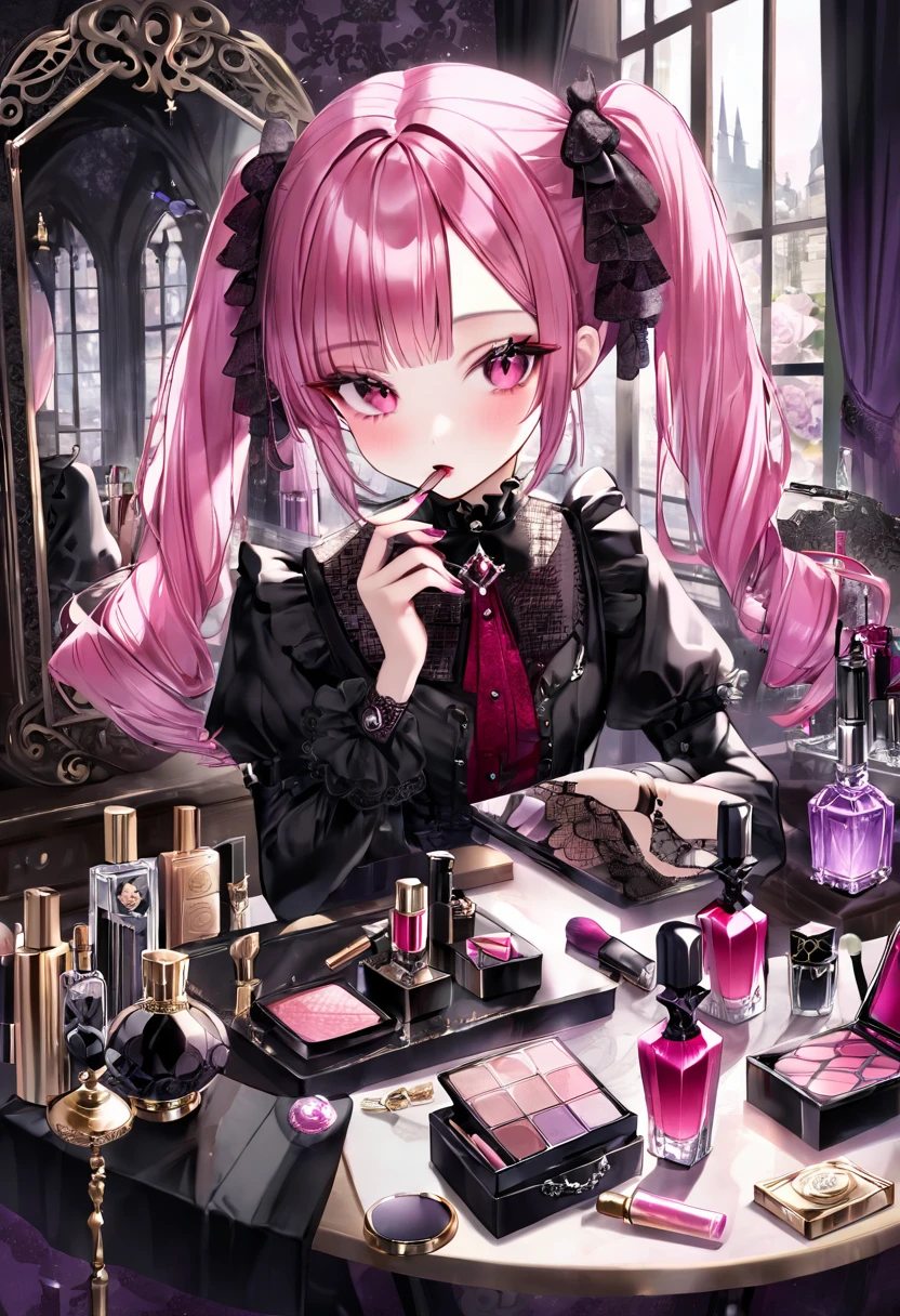 A beautiful girl with pink twin tails, pink eyes, 1 person, putting on makeup, holding lip gloss in hand, lots of cosmetics and perfume on the table, a beautiful girl in black gothic lolita clothes putting on makeup, putting on makeup