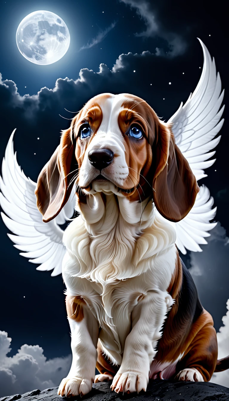 (masterpiece; best quality, highres, 8k, ultra detailed) score_9, score_8_up, score_7_up, cute puppy, basset hound, long ears, wavy fur, curious expression, looking down, blue eyes, black-brown fur, portrait, photoshoot, (BREAK) bite a bone, flying through the moon, dark night, dark clouds flying stance(flying:1.6) below view, side view, fantasy art, epic scenery, UHD, dramatic photoart, digitally manipulated, cinematic motion.