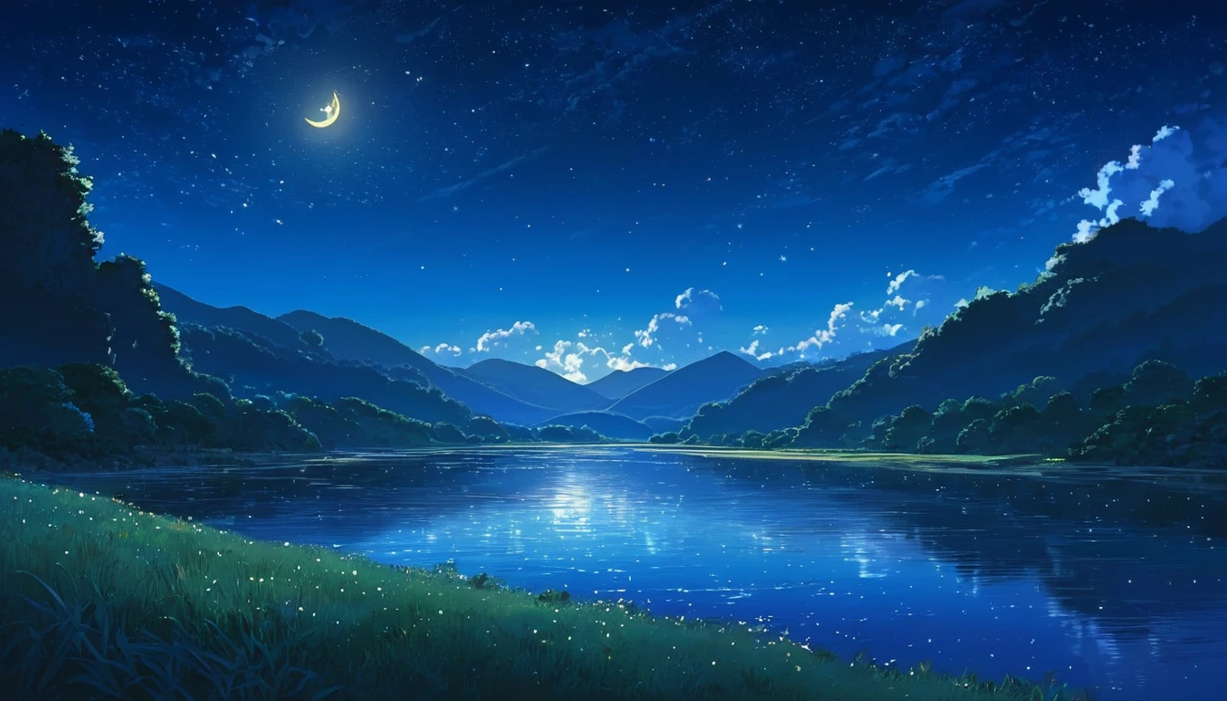 A painting of a river, stars and the moon in the sky, In bright colors, by makoto shinkai. Concept art inspired by Mitsuoki Tosa, pixiv Contest Winner, Highest quality, Fantasy art, Beautiful anime scene, Golden Moon, No humans, Starry Sky, scenery, cloud, Shine, the scenery of night landscapes, Mountain, Rivers. Bright Moon, Starry Sky environment under the moonlight, Dream Painting, Anime Background art, Fantasy Landscape Painting, A dreamlike night, Anime Background, Background artwork, Dreamy Art, Atmospheric anime, Starry Sky, Detail enhancements.High resolution,reality,Emotional,8k,high resolution,Clearly,Clear Images,Clear and vivid scenery,Beautiful crescent moon,High resolution