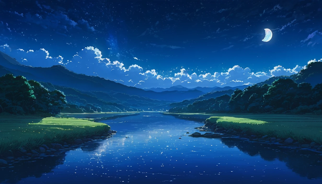 A painting of a river, stars and the moon in the sky, In bright colors, by makoto shinkai. Concept art inspired by Mitsuoki Tosa, pixiv Contest Winner, Highest quality, Fantasy art, Beautiful anime scene, Golden Moon, No humans, Starry Sky, scenery, cloud, Shine, the scenery of night landscapes, Mountain, Rivers. Bright Moon, Starry Sky environment under the moonlight, Dream Painting, Anime Background art, Fantasy Landscape Painting, A dreamlike night, Anime Background, Background artwork, Dreamy Art, Atmospheric anime, Starry Sky, Detail enhancements.High resolution,reality,Emotional,8k,high resolution,Clearly,Clear Images,Clear and vivid scenery,Beautiful crescent moon,High resolution