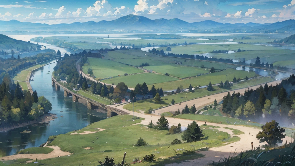 A medieval fantasy road along the river, where horse-drawn carriages and travelers come and go, a vast large forest spreads out on the other side of the river, grasslands spread out on the opposite bank, and mountains can be seen in the distance.