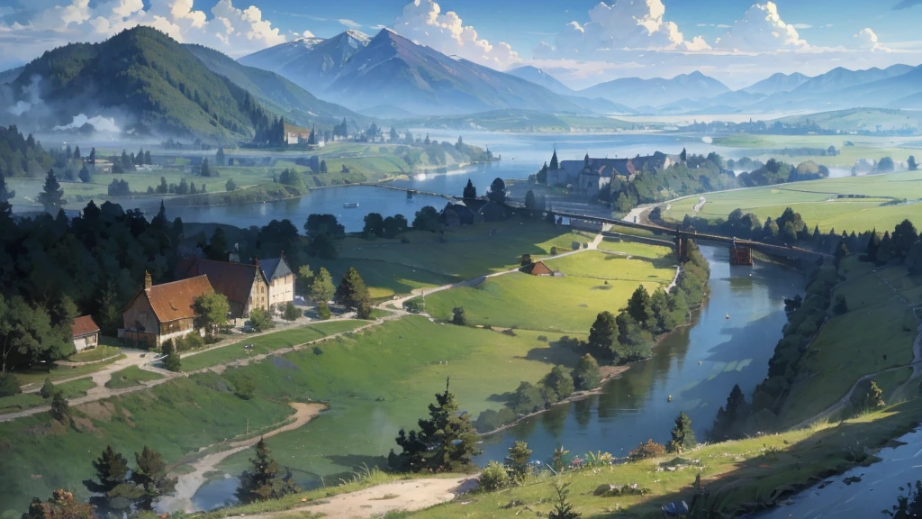 A medieval fantasy road along the river, where horse-drawn carriages and travelers come and go, a vast large forest spreads out on the other side of the river, grasslands spread out on the opposite bank, and mountains can be seen in the distance.
