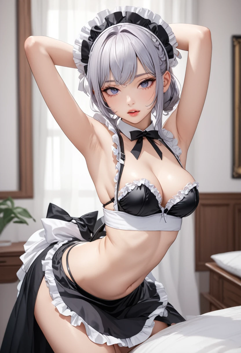 a perverted maid, seductive maid outfit, no bra, thong, perfect pose, extremely detailed, high resolution, 8k,