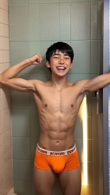 Japanese men、、Muscles and smooth skin、Very short black hair、A relaxed and friendly smile、Orange thin boxer briefs、The whole body is well visible、Fist pump in the bathroom、Laughing with mouth open、