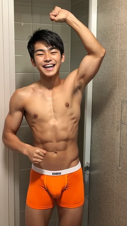 Japanese men、、Muscles and smooth skin、Very short black hair、A relaxed and friendly smile、Orange thin boxer briefs、The whole body is well visible、Fist pump in the bathroom、Laughing with mouth open、