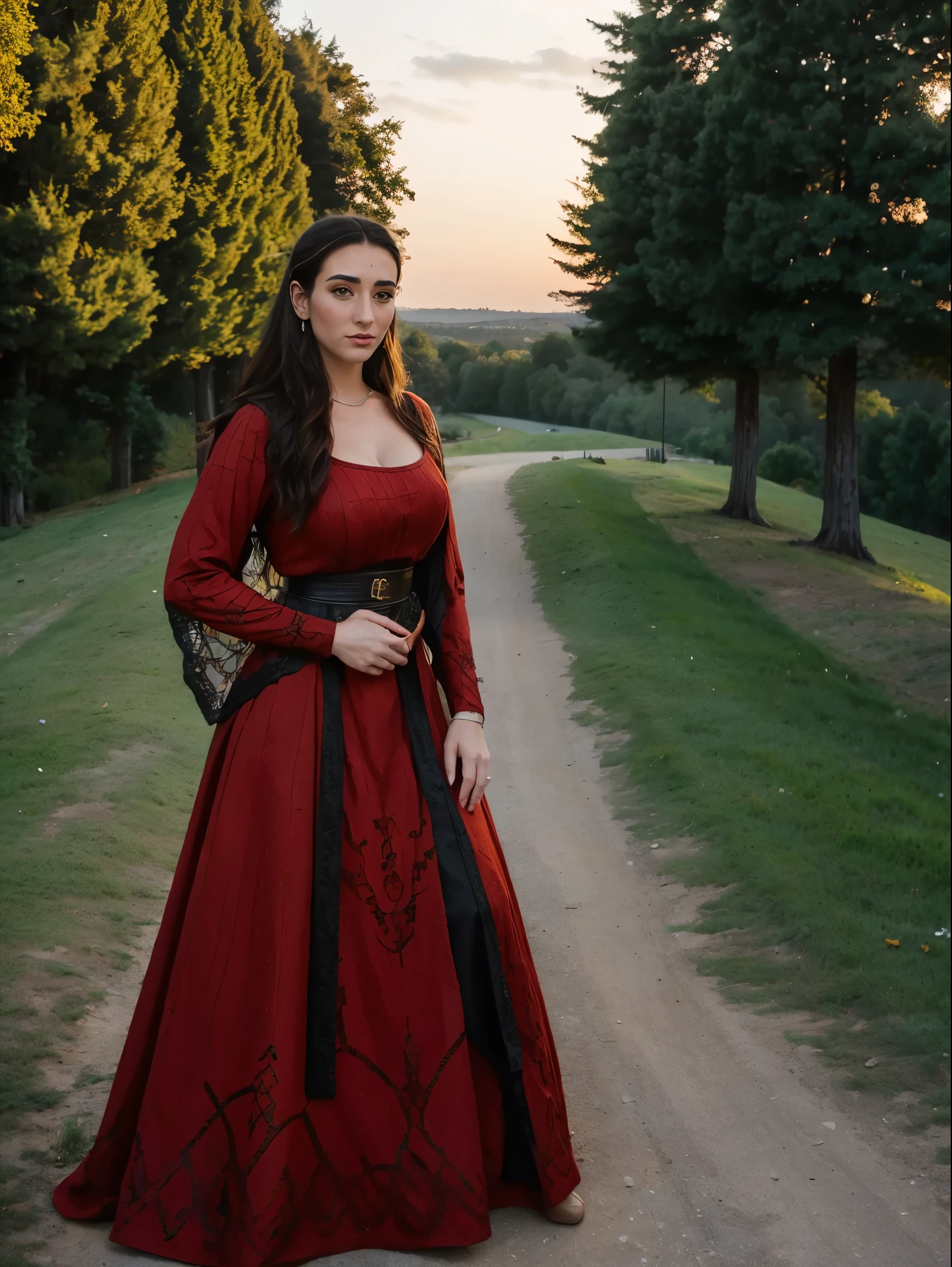 Gorgeous and sultry busty athletic (thin) brunette queen with sharp facial features wearing a modest updo, dark red medieval dress, long sleeves, intricate patterns, scrollwork, wide neck, crown, veil, long dress, modest dress, tight bodice, silver belt, (waist chain), medieval jewelry, Middle Ages, castle, rampart, wall, exterior, on top of a castle wall, trees, countryside, evening, sunset.