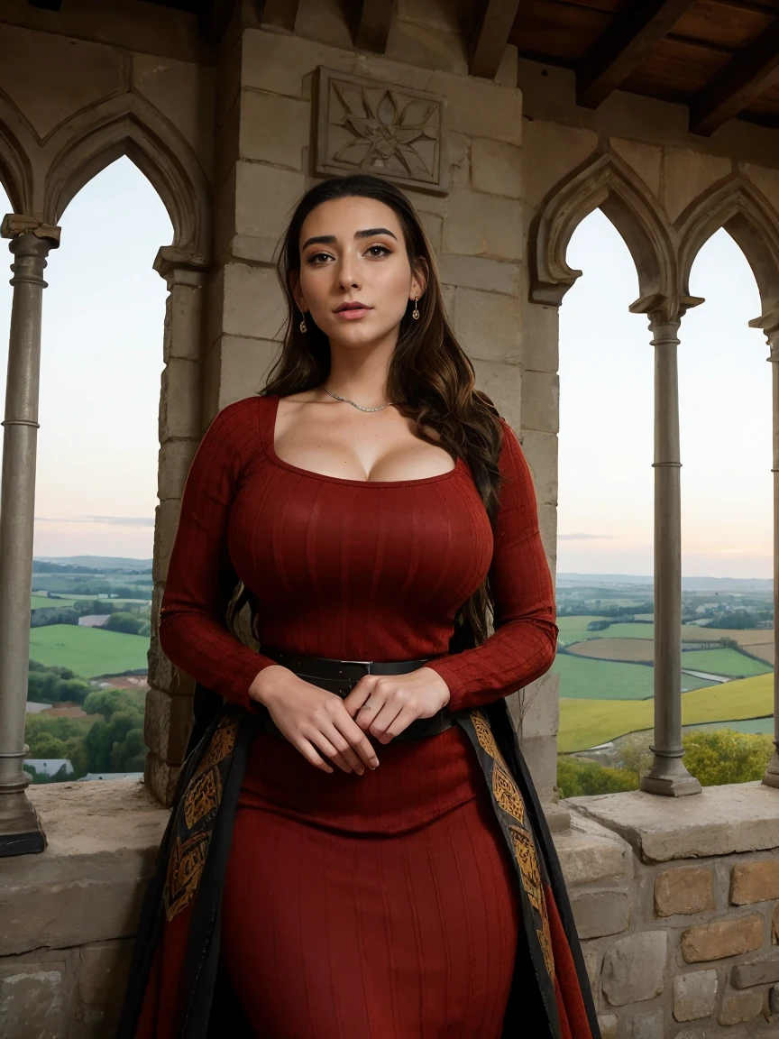 Gorgeous and sultry busty athletic (thin) brunette queen with sharp facial features wearing a modest updo, dark red medieval dress, long sleeves, intricate patterns, scrollwork, wide neck, crown, veil, long dress, modest dress, tight bodice, silver belt, (waist chain), medieval jewelry, Middle Ages, castle, rampart, wall, exterior, on top of a castle wall, trees, countryside, evening, sunset.