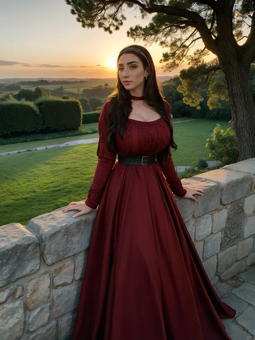 Gorgeous and sultry busty athletic (thin) brunette queen with sharp facial features wearing a modest updo, dark red medieval dress, long sleeves, intricate patterns, scrollwork, wide neck, crown, veil, long dress, modest dress, tight bodice, silver belt, (waist chain), medieval jewelry, Middle Ages, castle, rampart, wall, exterior, on top of a castle wall, trees, countryside, evening, sunset.