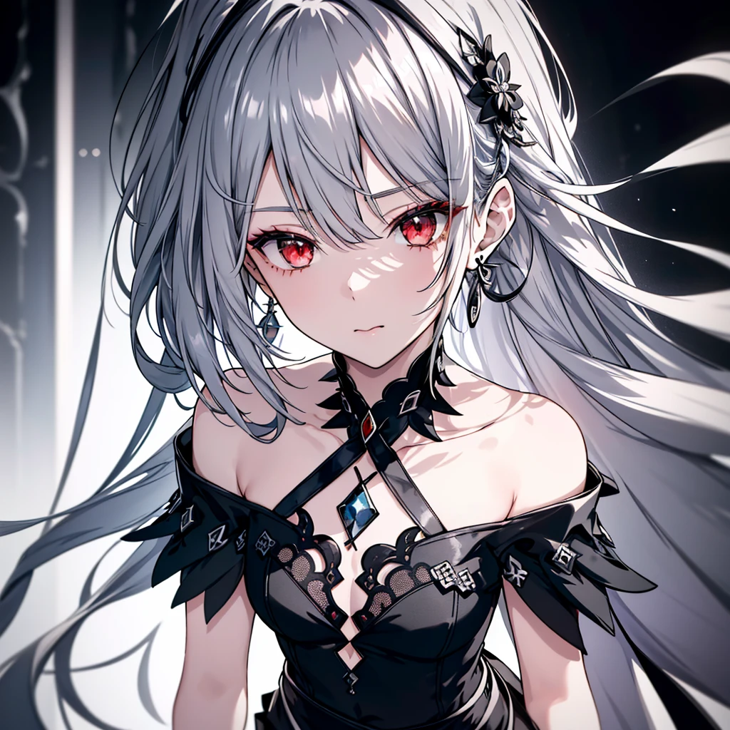 8k,High resolution RAW color art,Anime Art, (((Very detailed and cool))), Detailed skin, Blur、texture,(Exquisitely crafted, The finer details, Ultra-detailed art), (((1 girl))), Depth of written boundary, Silky Touch, Hyper Detail, (((Cool face))), eye shadow、Silver Marble Skin, Beautiful detailed red eyes, Beautiful lip detail, Very delicate face, Delicate depiction of hair and eyes, Detailed Fashion, Silver earrings,Silver Bracelet、Full body depiction, Black half top、(((Shoulder Bare)))、Black shorts、black waist cloak、black tights、 A little bit of grey hair, Straight Hair、Semi-long hair、(((Hair)))、water surface、silk clotheatte
