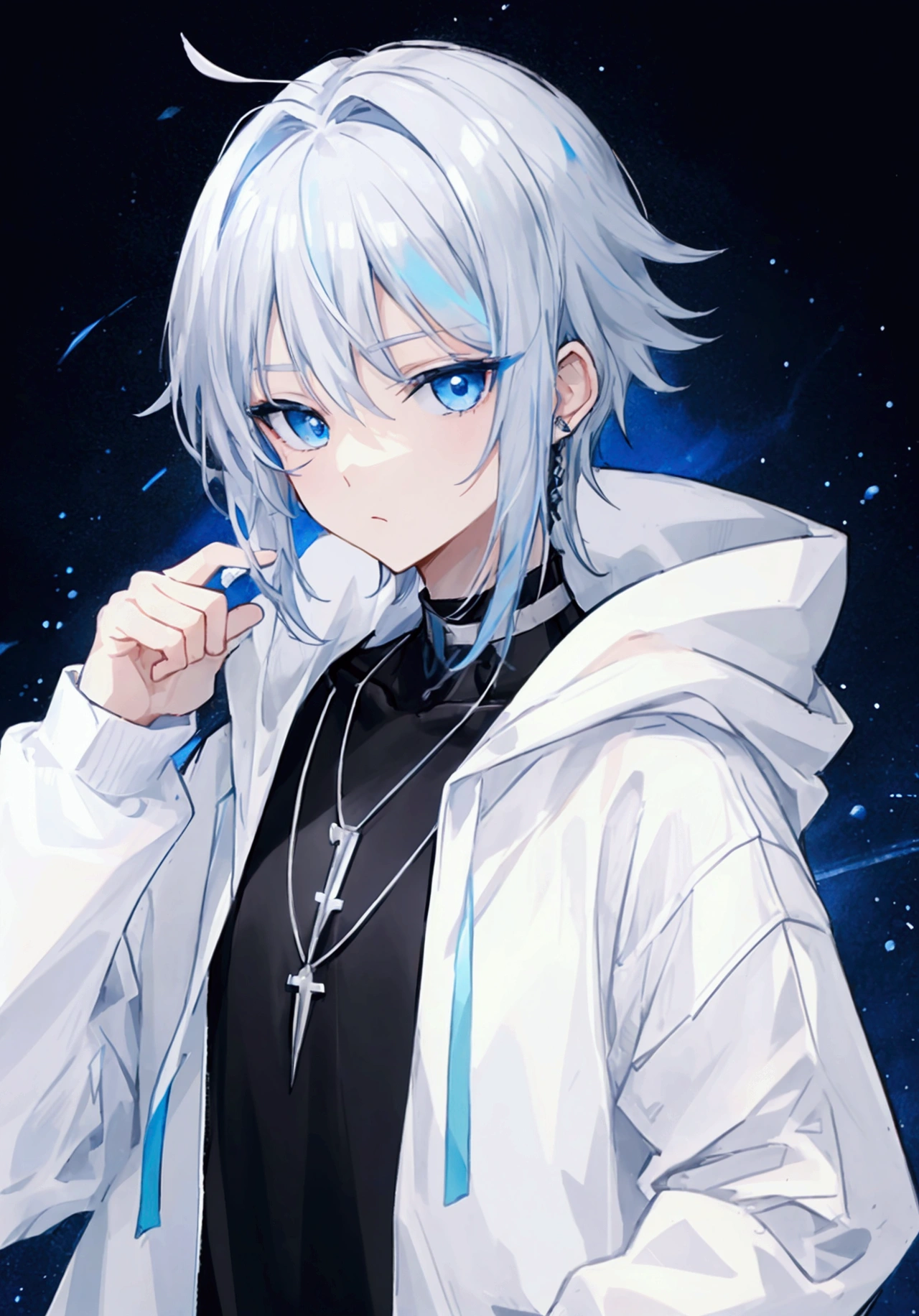 boy、White shirt、Black hoodie、silver necklace around the neck、Light blue hair、Light blue eyes、