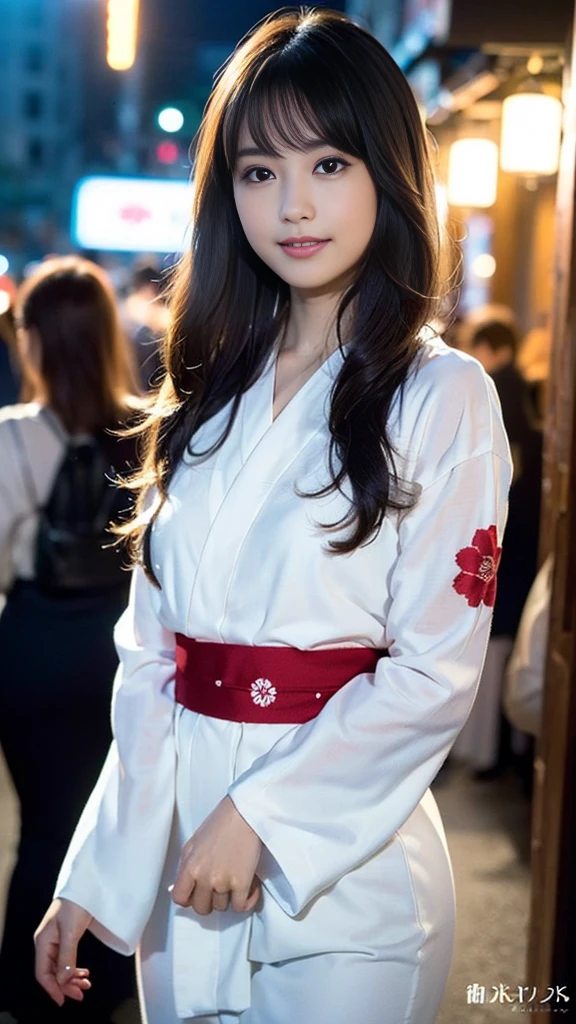 masterpiece, Highest quality,16K, Ultra-high resolution,The light and shadow of reality,((Enjoying a summer night festival wearing a long-sleeved black yukata with red floral pattern)),((The whole body is shown)),((Very skinny)),((Very slim and long beautiful thighs)),((Very slim and long beautiful calves)),((High nose、Small Mouth)),((Clean and slim face line)),((Big dark eyes with long eyelashes)),((Very small face))((Very slim and beautiful arms)),((She is very slim and has a great figure)),((Pure white beautiful skin)),((Cute Japanese Girls)),(Beautiful Eyes:1.1),Reflecting clear eyes and a gentle smile,