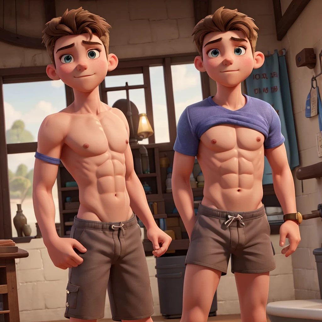A  boy, athletic, strong chest, erect nipples, pointy nipples, nipples with rings, big nipples, male, very beautiful, Whole body, slim short shorts.