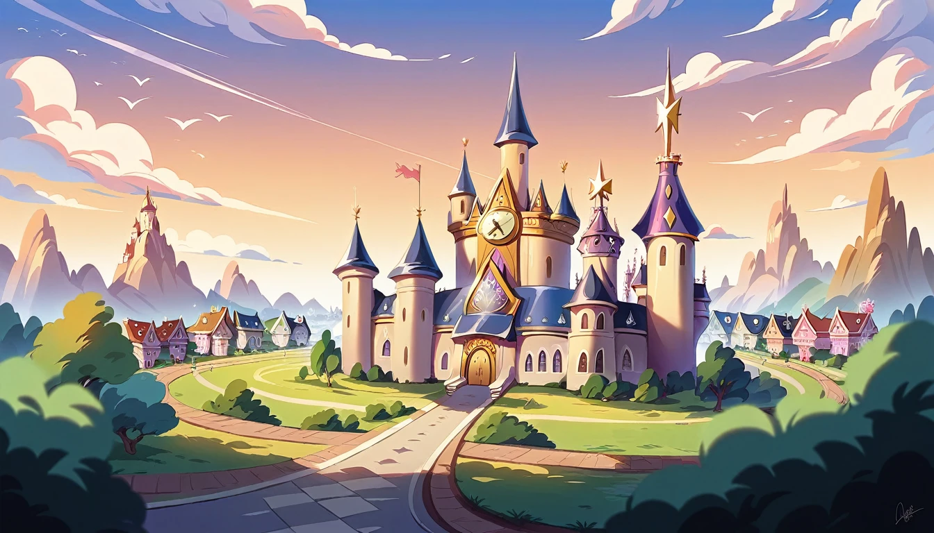 City view with big buildings and clock tower, Disneyland as backdrop, Disney!!, Shot from a distance, Tokyo in the background, Disneyworld at kingdom hearts, Buildings in the distance, High resolution!!, background is Disneyland castle, Disney land, Zoom out, Background town, The castle is far away, Disney and kyoto animation