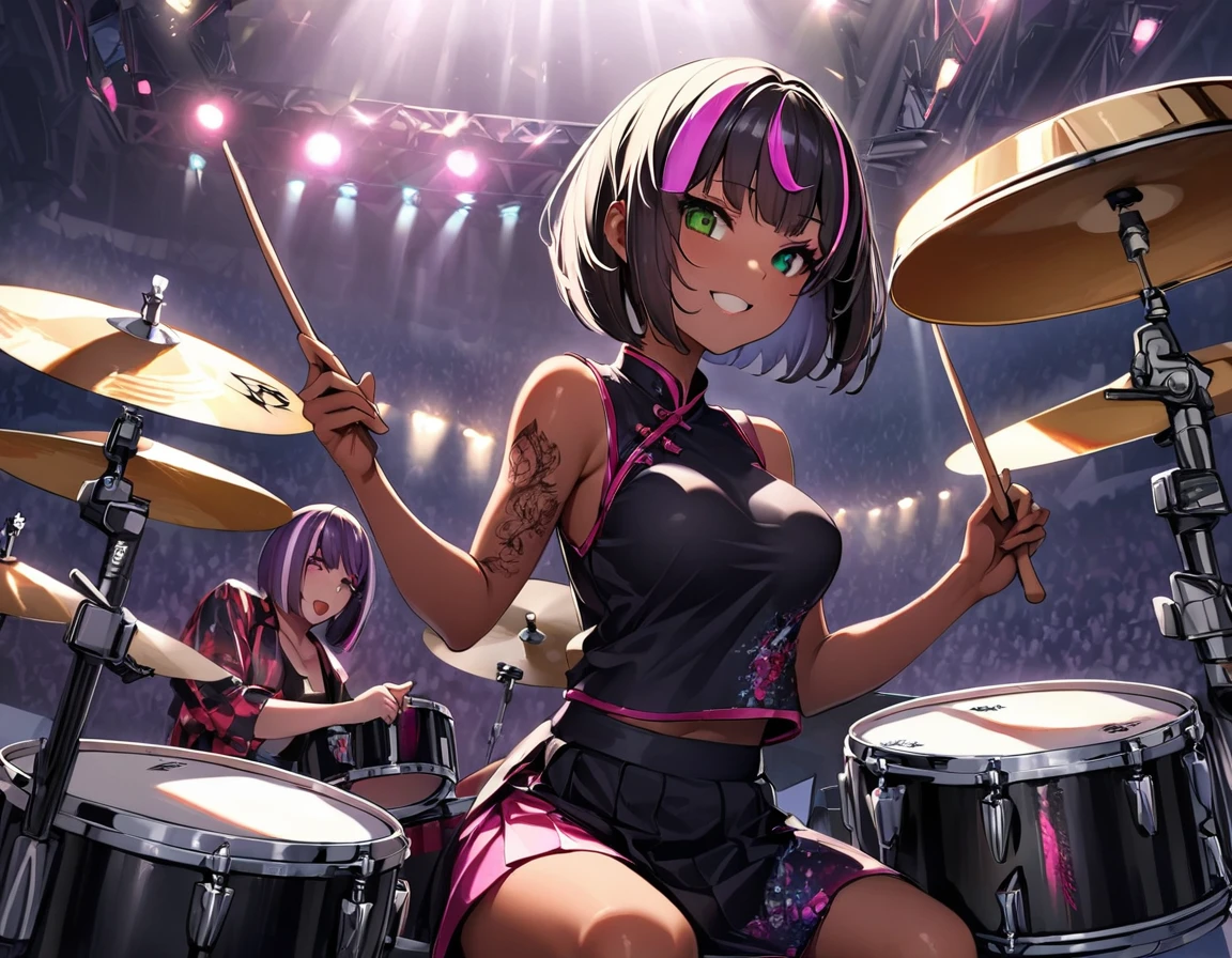 (highest quality:1.2, Very detailed, up to date, Vibrant, Ultra-high resolution, High Contrast, masterpiece:1.2, highest quality, Best aesthetics), girl, (独奏), slim, ((drummer:1.8)), heterrochromia, green eye, red eye, Passionate performance、stage、Bright colors、Beautiful fine details、Beautiful lip detail、extra short hair, ((bob cut:1.5))、pink and purple ((streaked hair:1.9)), (highlights hair: 1.6), middium breast, (tan skin:1), Concert Light、Edgy Style、colorful Cheongsam, (no sleeve:1)、Dynamic Movement、hypnotic sounds, (girl playing a drum set,drum performance,drums,Drumstick,sitting:1.2), (The drum set includes Bass Drum, Floor tom, Snare drum, Rack tom, Hi-hat, Crash cymbal, Ride cymbal:1.3))), sitting small drum chair in the center of drum sets, holding drumstickes on both hands, Stadium、amplifier、Loud music、,Sparkling stage、Concert atmosphere、Music Festival、Full of emotion、Rock star attitude、Resolute expression、Avid Fan、The presence of an attractive stage、 Expressive gestures、Rock star aura、An exciting atmosphere、An unforgettable show, (Floral Fineline tattoo design on right arm:1), side view