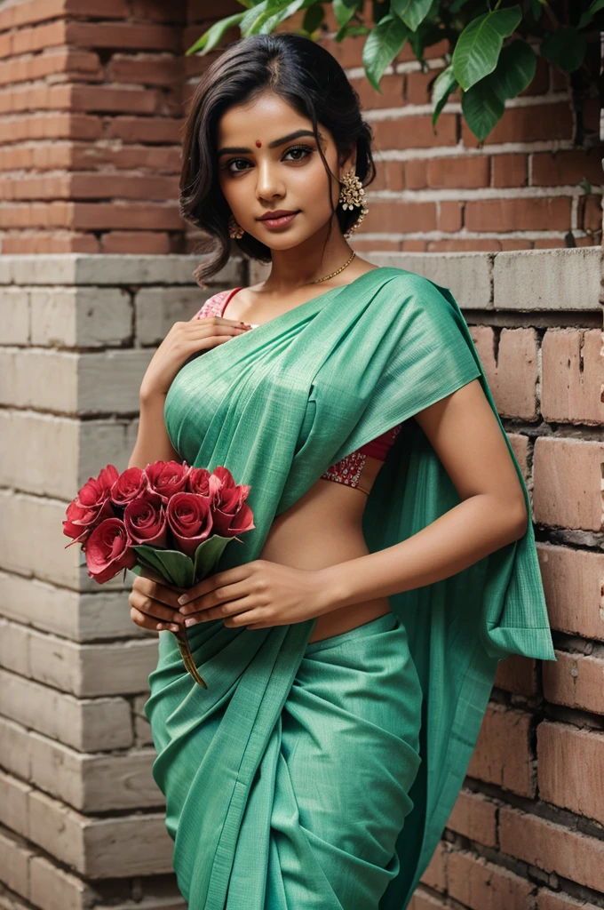 A simple woman wear a saree with open hair and bunch of a flower in her hand and the background is made up of bricks