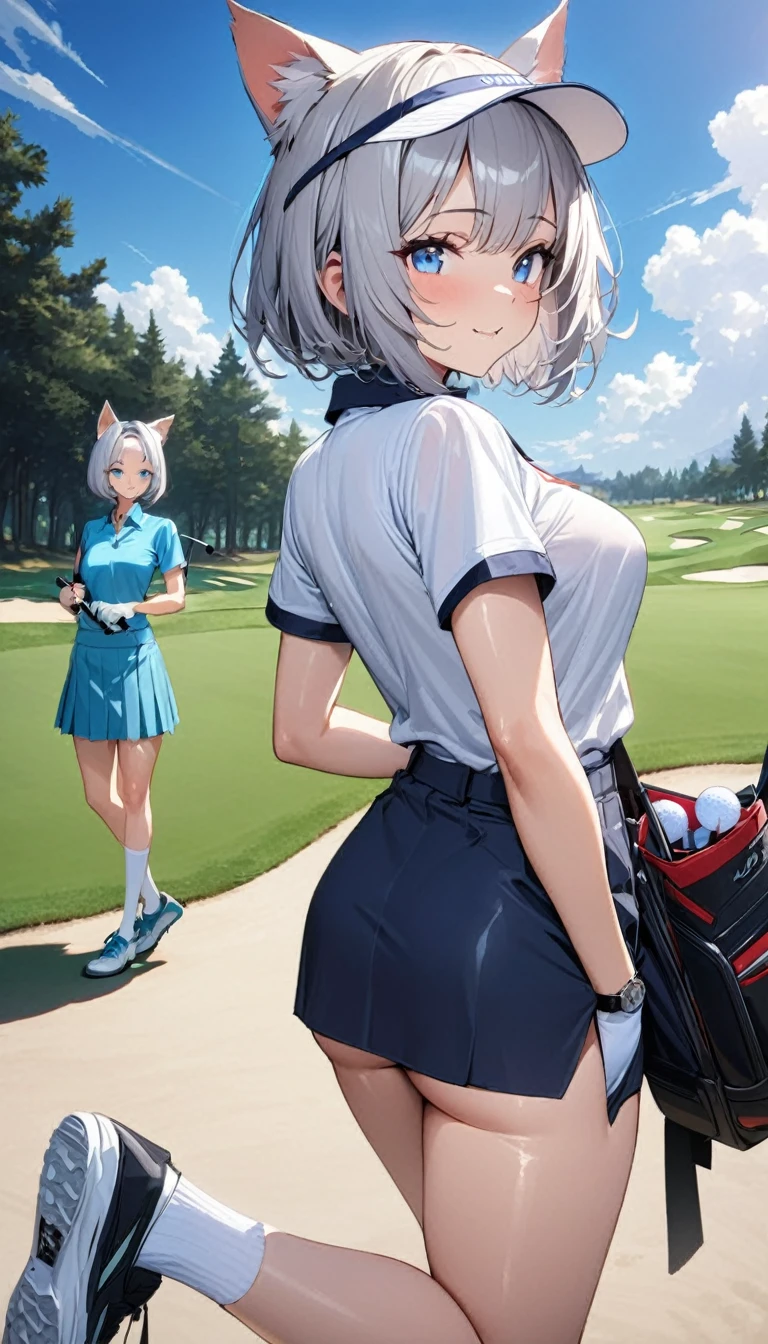 1girl、(((best quality)), ((masterpiece)), (details), masterpiece, best quality, high quality, ulutra detailed, perfect face, ((1girl, Blue eyes, cat ears: 1.3 silver bob hair: 2.5,))、Shiny Hair、Glowing Skin、Happy face、Lustful look、Body lines、blue sky、Golf course、Caddy Back、Holding a golf club、Sun visor、Golf Wear、Golf Wearスカート、socks、Golf shoes