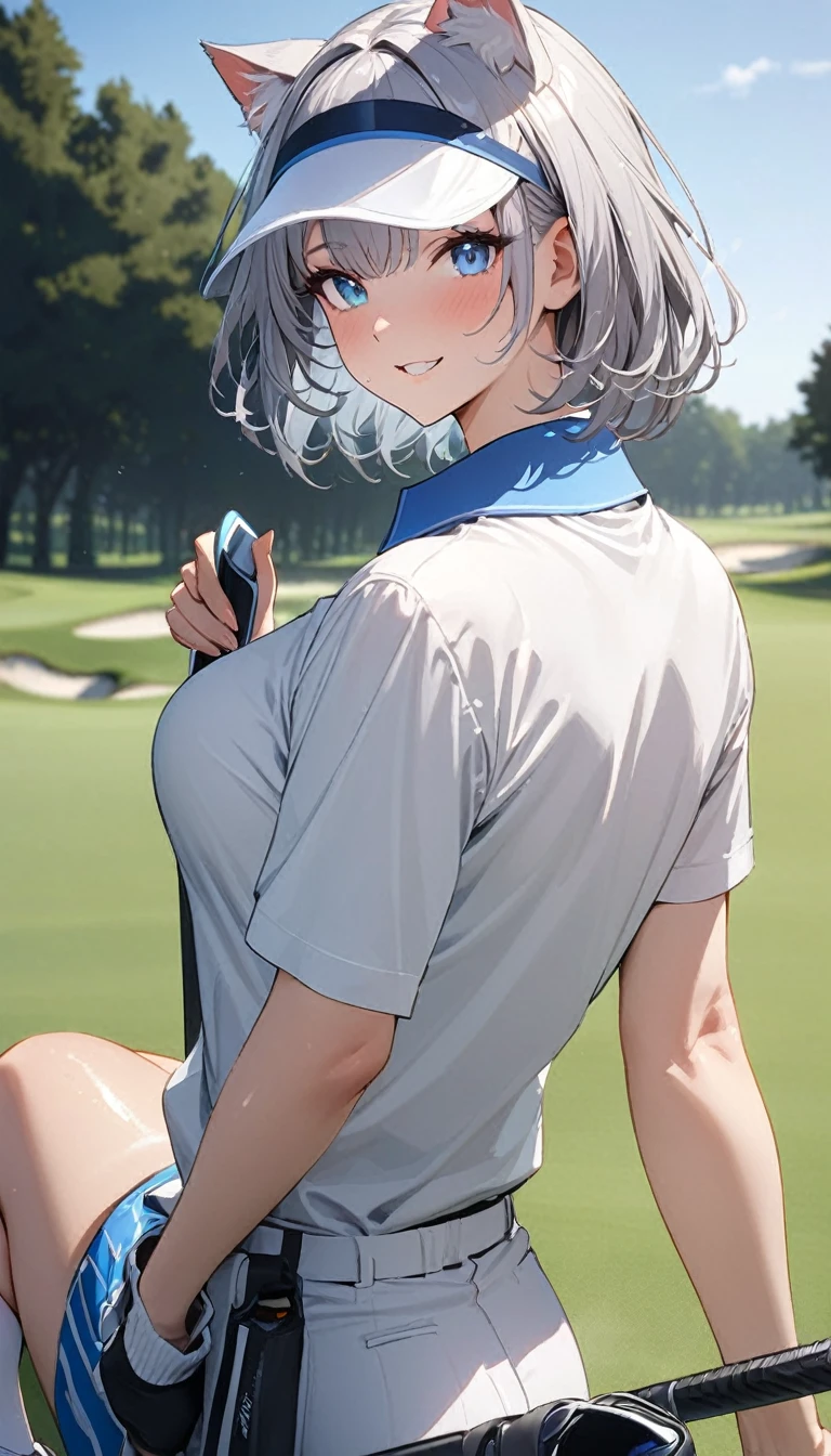 1girl、(((best quality)), ((masterpiece)), (details), masterpiece, best quality, high quality, ulutra detailed, perfect face, ((1girl, Blue eyes, cat ears: 1.3 silver bob hair: 2.5,))、Shiny Hair、Glowing Skin、Happy face、Lustful look、Body lines、blue sky、Golf course、Caddy Back、Holding a golf club、Sun visor、Golf Wear、Golf Wearスカート、socks、Golf shoes