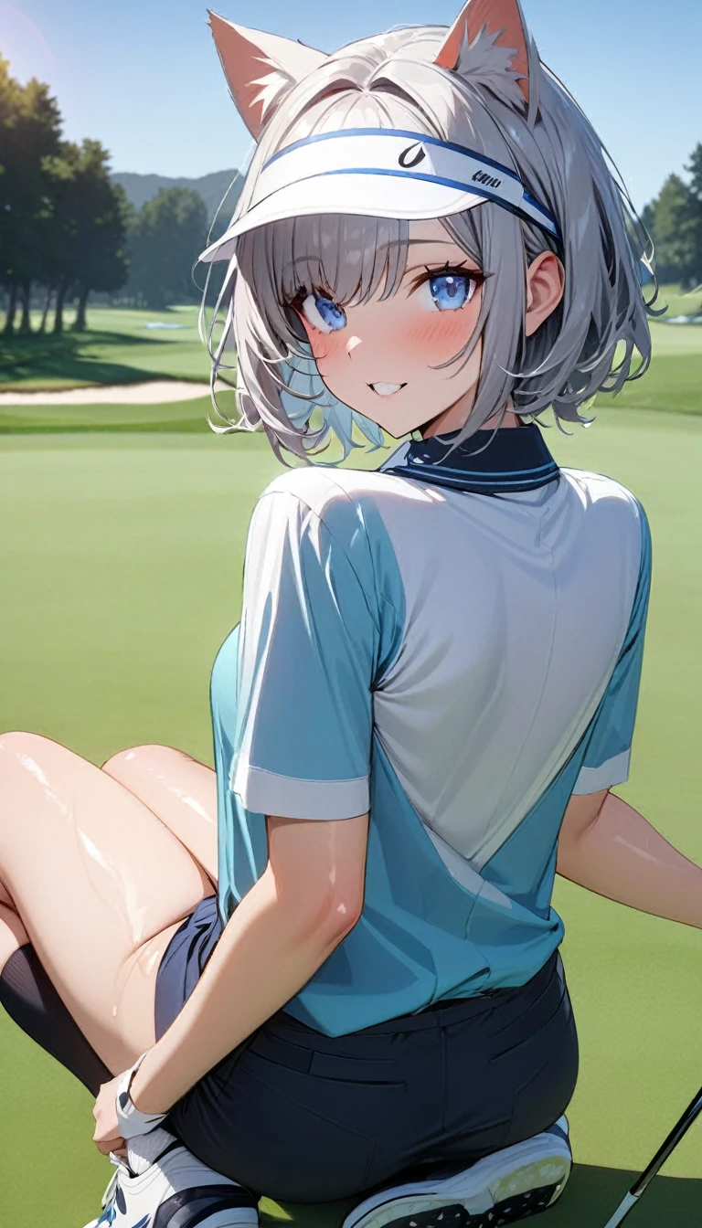 1girl、(((best quality)), ((masterpiece)), (details), masterpiece, best quality, high quality, ulutra detailed, perfect face, ((1girl, Blue eyes, cat ears: 1.3 silver bob hair: 2.5,))、Shiny Hair、Glowing Skin、Happy face、Lustful look、Body lines、blue sky、Golf course、Caddy Back、Holding a golf club、Sun visor、Golf Wear、Golf Wearスカート、socks、Golf shoes