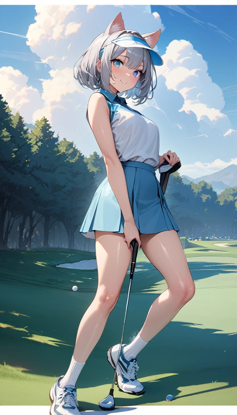 1girl、(((best quality)), ((masterpiece)), (details), masterpiece, best quality, high quality, ulutra detailed, perfect face, ((1girl, Blue eyes, cat ears: 1.3 silver bob hair: 2.5,))、Shiny Hair、Glowing Skin、Happy face、Lustful look、Body lines、blue sky、Golf course、Caddy Back、Holding a golf club、Sun visor、Golf Wear、Golf Wearスカート、socks、Golf shoes