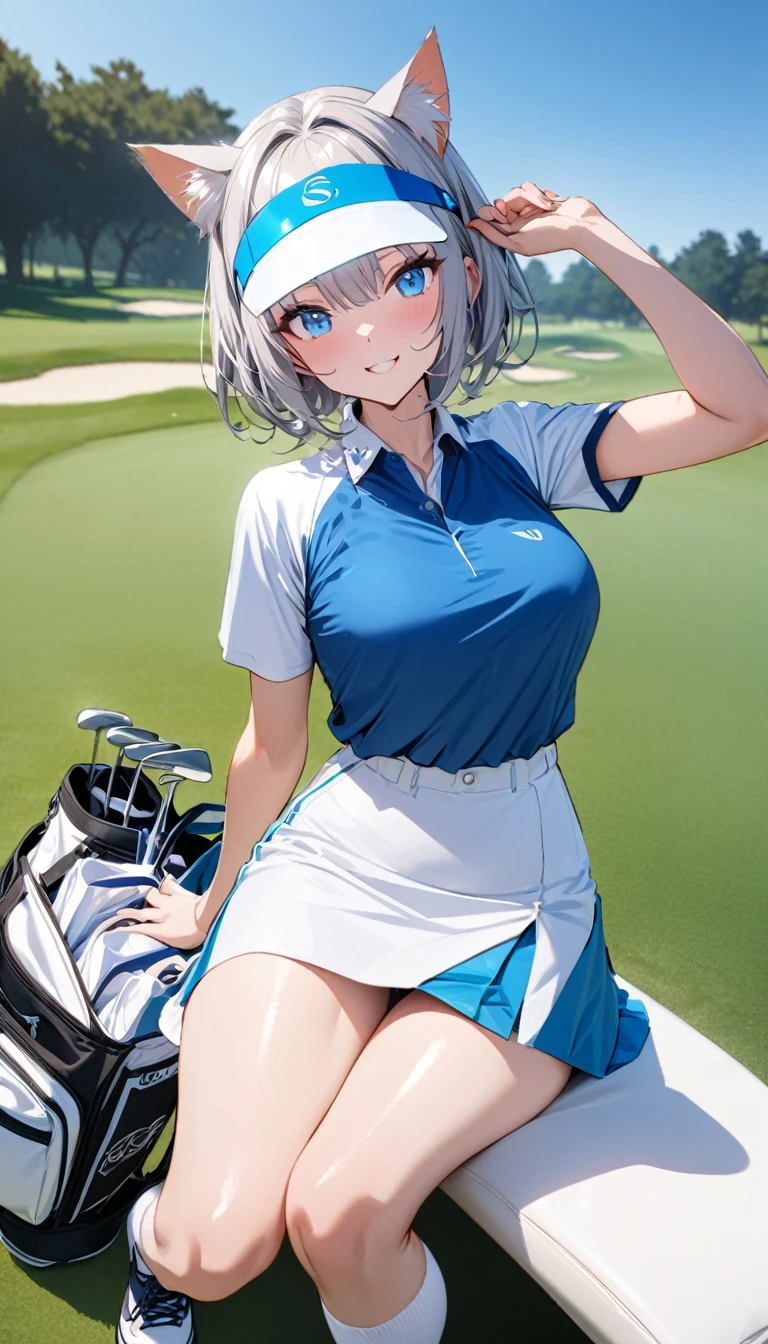 1girl、(((best quality)), ((masterpiece)), (details), masterpiece, best quality, high quality, ulutra detailed, perfect face, ((1girl, Blue eyes, cat ears: 1.3 silver bob hair: 2.5,))、Shiny Hair、Glowing Skin、Happy face、Lustful look、Body lines、blue sky、Golf course、Caddy Back、Holding a golf club、Sun visor、Golf Wear、Golf Wearスカート、socks、Golf shoes