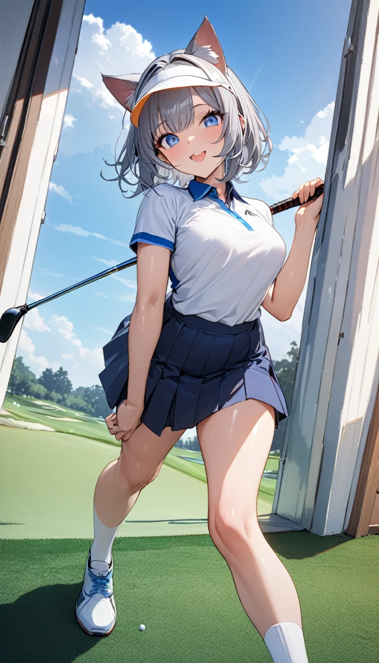 1girl、(((best quality)), ((masterpiece)), (details), masterpiece, best quality, high quality, ulutra detailed, perfect face, ((1girl, Blue eyes, cat ears: 1.3 silver bob hair: 2.5,))、Shiny Hair、Glowing Skin、Happy face、Lustful look、Body lines、blue sky、Golf course、Caddy Back、Holding a golf club、Sun visor、Golf Wear、Golf Wearスカート、socks、Golf shoes