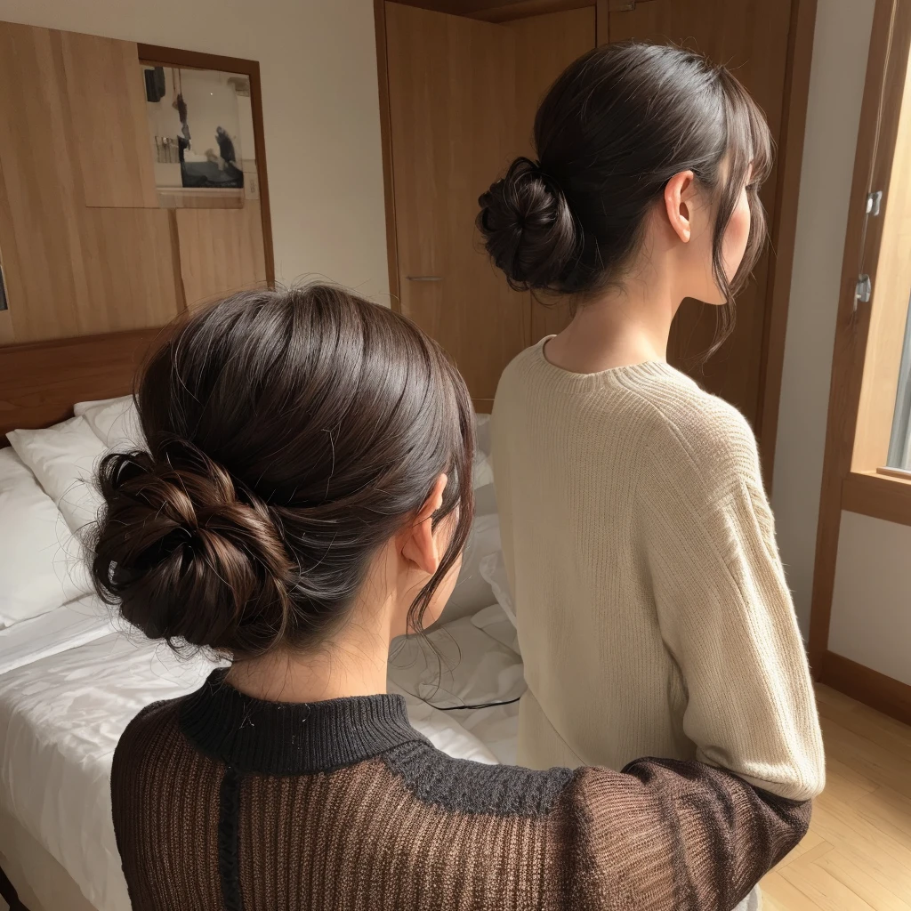indoor、bedroom, black hair, curly hair, messy hair, parted bangs, brown hair, hair bun, half updo, Surrealism, from behind, UHD, retina, masterpiece, accurate, super detail, high quality, high details, 16k, highres
