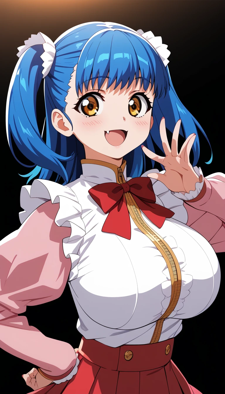 (Tuile(gravion),huge breasts,blue hair,yerrow eyes,twintail,two side up),(tuck out,white shirt,red waist ribbon,gold zipper,white frill,red ribbon,white edge pink mini skirt,Pink sleeves,Pink Shoes、White socks:1),official art,smile,blush,open mouth,fang