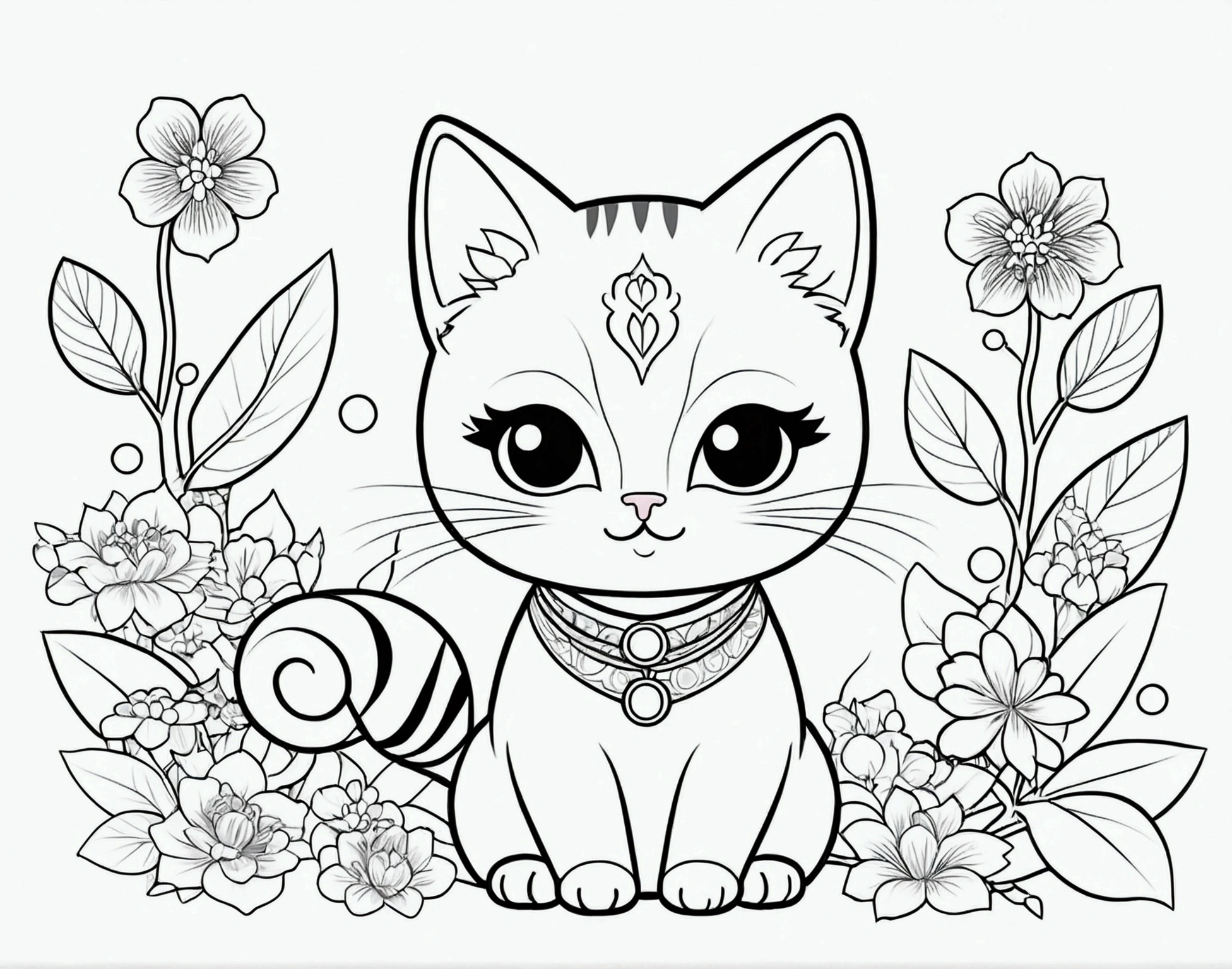pussycat,cuddly, chibi, simple background, Japanese girl , kawaii, vibrant colors, A printable black and white coloring page featuring cats, clean line art, The line is quite simplified.