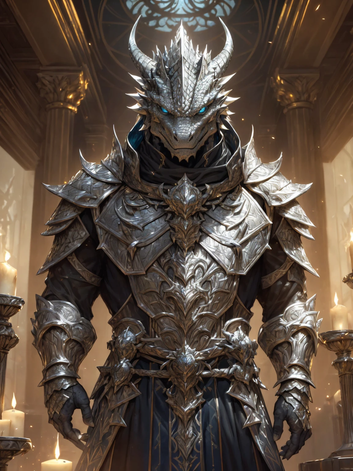 (silver dragonborn, male, golden horns, solo portrait, stoic pose, holding a book, silver scales, scales, reptilian face, blue eyes) tail, buff, black and silver armor, black and silver chest armor, black and silver gauntlets, black and silver pauldrons, dark blue cloak, dark blue robes, inside, close-up, standing inside, good lighting, candles in back ground, in temple ((masterpiece, best quality)), art by greg rutkowski