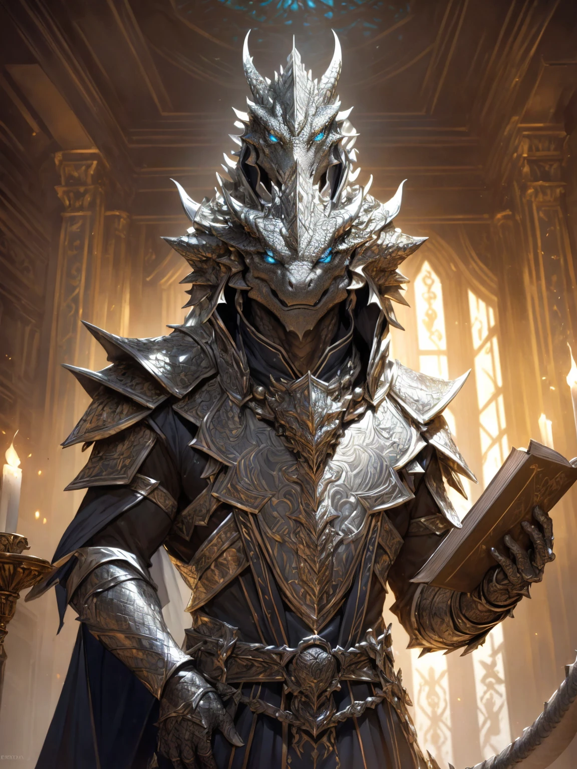 (silver dragonborn, male, golden horns, solo portrait, stoic pose, holding a book, silver scales, scales, reptilian face, blue eyes) tail, buff, black and silver armor, black and silver chest armor, black and silver gauntlets, black and silver pauldrons, dark blue cloak, dark blue robes, inside, close-up, standing inside, good lighting, candles in back ground, in temple ((masterpiece, best quality)), art by greg rutkowski