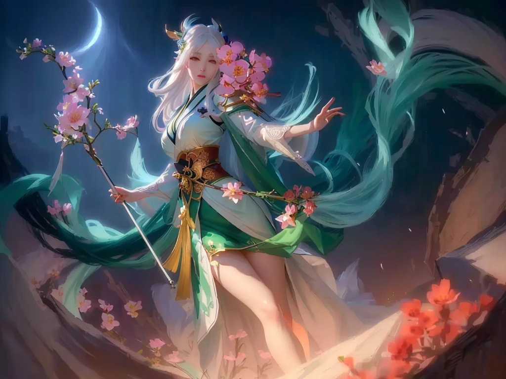 a woman with a long white hair and a green lingerie holding a flower, onmyoji detailed art, onmyoji, inspired by Ju Lian, style artgerm, akali, artgerm lau, style league of legends, beautiful celestial mage, flowing magical robe, league of legends character, heise jinyao, ahri, irelia