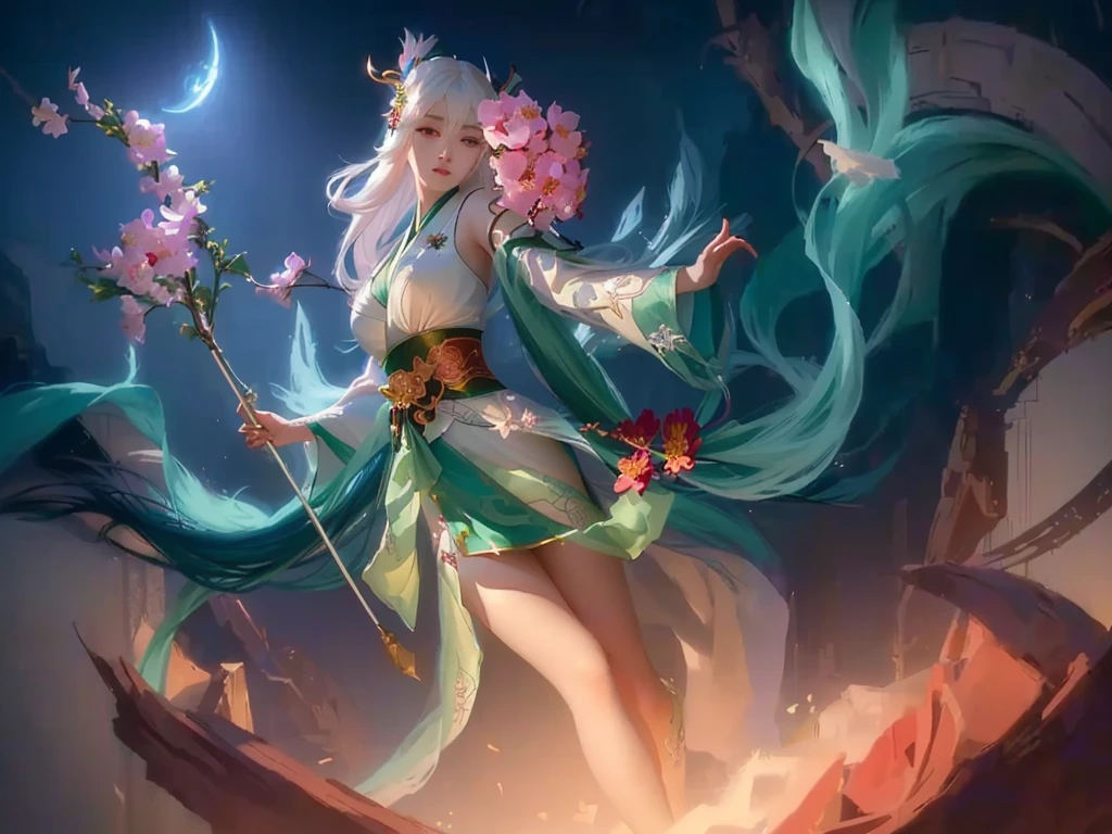 a woman with a long white hair and a green lingerie holding a flower, onmyoji detailed art, onmyoji, inspired by Ju Lian, style artgerm, akali, artgerm lau, style league of legends, beautiful celestial mage, flowing magical robe, league of legends character, heise jinyao, ahri, irelia